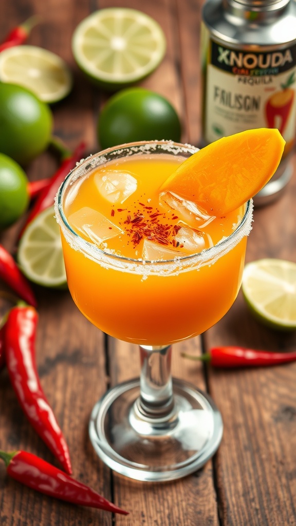 A colorful chili mango margarita in a salt-rimmed glass, garnished with a slice of mango and chili flakes, on a wooden table.